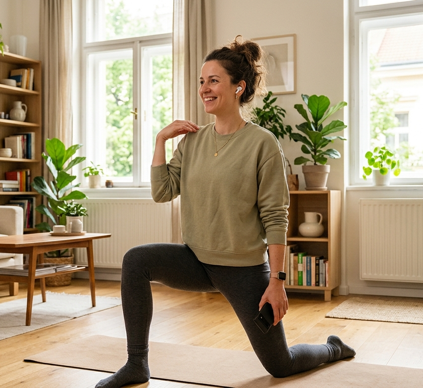 Žena cvičí lehké protažení při telefonním hovoru v útulném obývacím pokoji